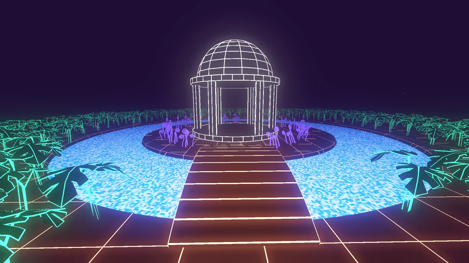 Gazebo, plants, and water